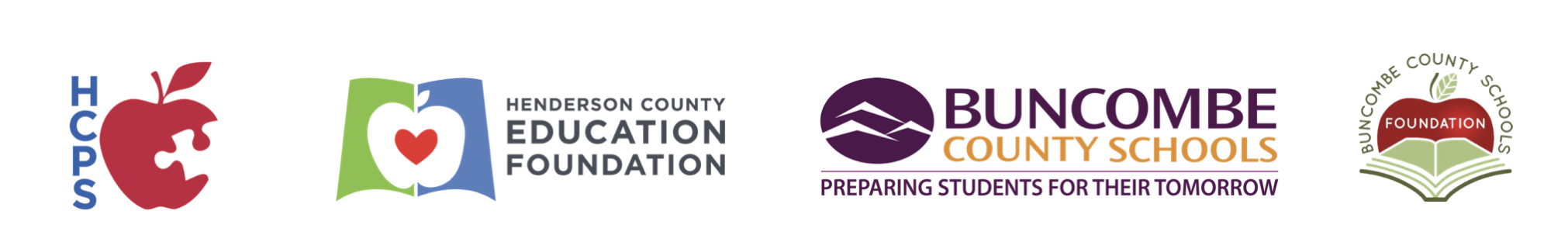 Logos for HCPS, Henderson County Education Foundation, Buncombe County Schools, and BCS Foundation