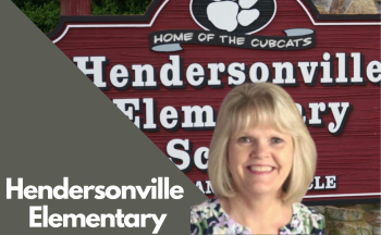 A photo of Ms. Henderson's yearbook photo. There is also an image of Hendersonville Elementary School's sign and text that says "Hendersonville Elementary."