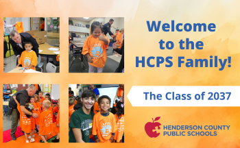 A collage of four pictures with kindergartners wearing bright orange shirts. There is text on the image that says "Welcome to the HCPS Familly. The Class of 2037."