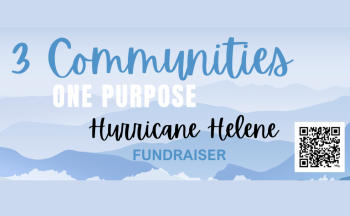 An image of text that says "3 communities, one purpose, Hurricane Helene Fundraiser." There is a QR code and mountain scene on the graphic.