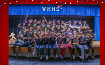 34 Mr. WHHS contestants pose for a photo in a fun way on stage. Behind the contestants is a blue "WHHS" stage curtain.