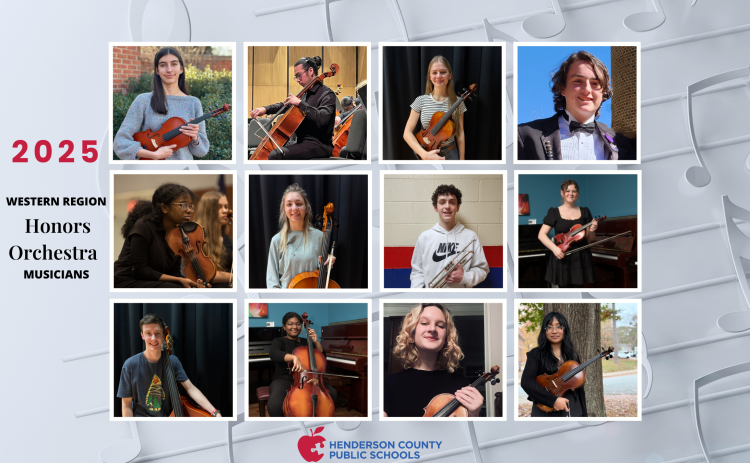 A digital collage features twelve student musicians from Henderson County Public Schools who were selected for the 2025 Western Region Honors Orchestra. Each student is shown in an individual portrait holding their respective instrument, including violins, violas, cellos, and a trumpet. The background of the image has a light gray music note pattern. The title on the left side reads '2025 Western Region Honors Orchestra Musicians' in bold black and red text. At the bottom center, the Henderson County Public Schools logo is displayed, featuring a red apple with a missing puzzle piece and the organization's name in blue and red text.